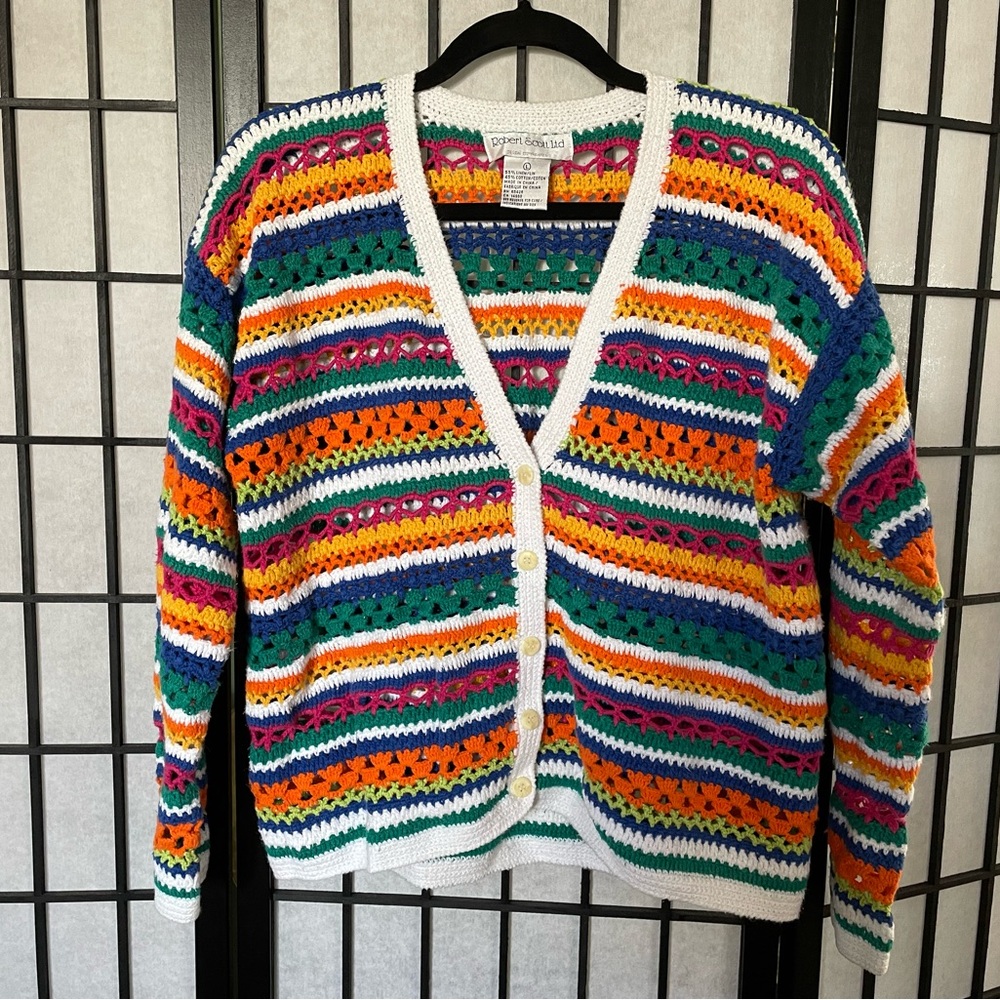 Vintage 90s Robert Scott Bright Crochet Cardigan Ladies Large